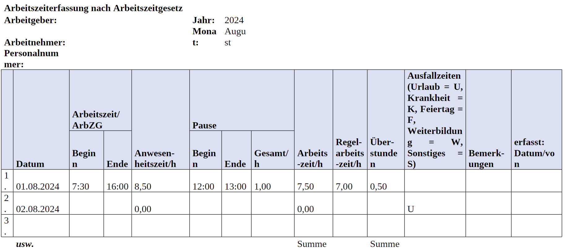 Tabelle zur Arbeitszeiterfassung